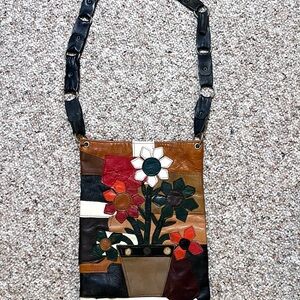 Vintage 70s Genuine Leather Patchwork Floral Crossbody Bag